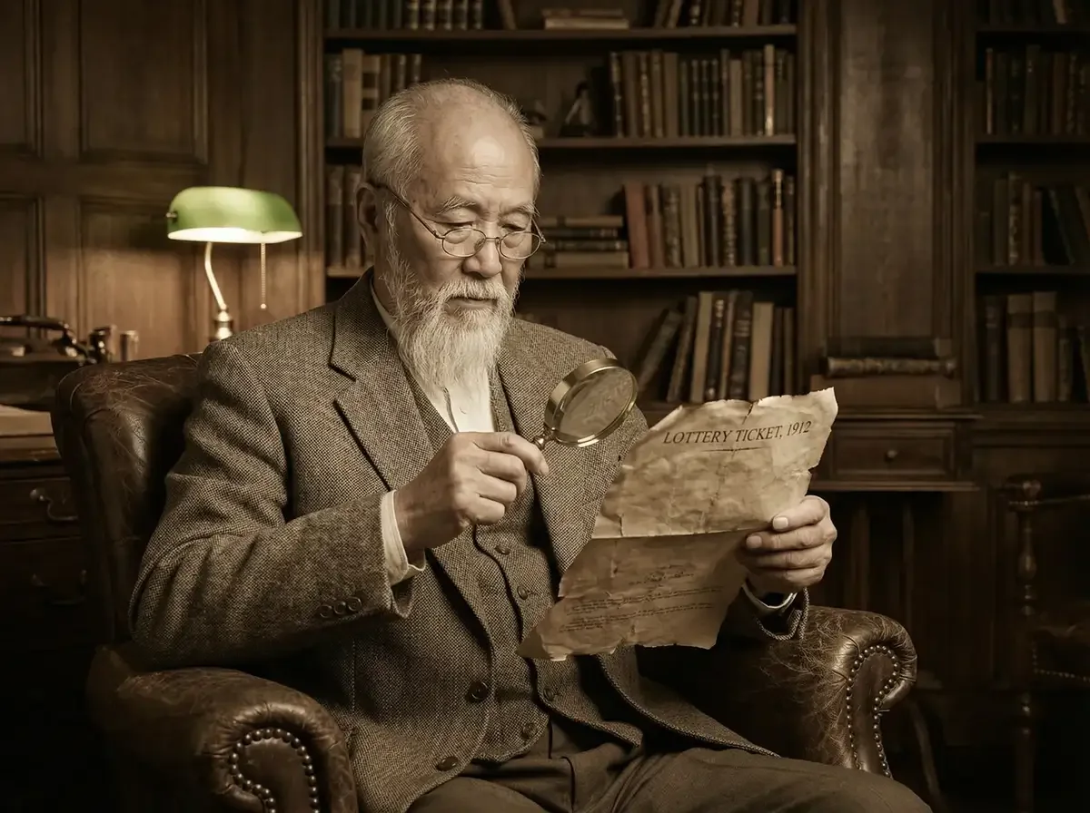 资深彩票历史研究学者在书房中用放大镜研究古彩票